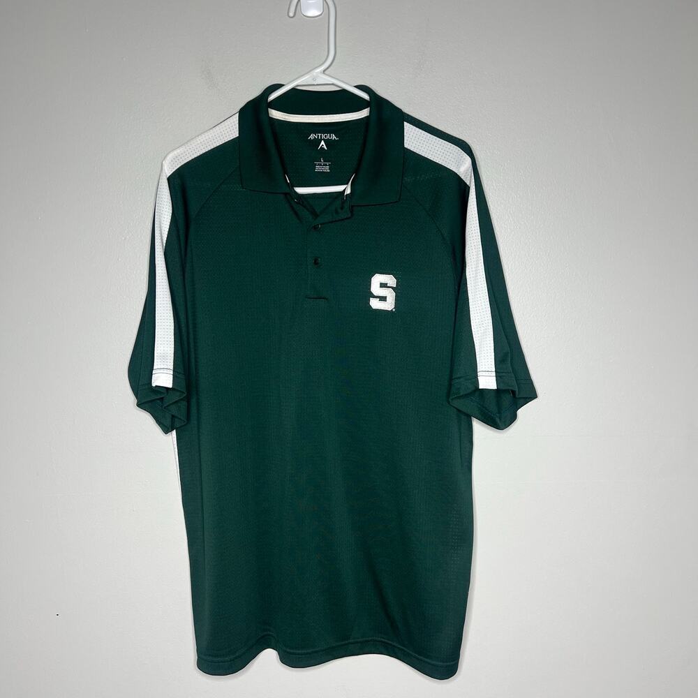 Michigan State Spartans Men's L Polo Shirt Green White Stripe Short Sleeve Golf